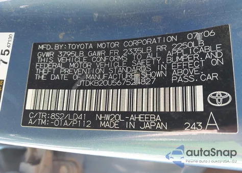 2006 Toyota Prius from USA, damaged, VIN JTDKB20U567524827